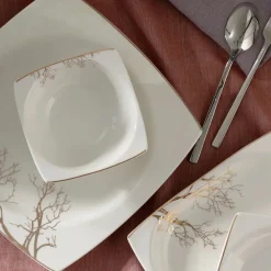 Karaca Autumn Fine Cream 60-teiliges Porzellangeschirr für 12 Personen quadratisch Gold Hot