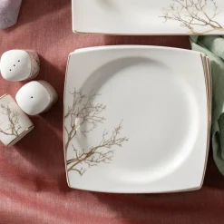 Karaca Autumn Fine Cream 60-teiliges Porzellangeschirr für 12 Personen quadratisch Gold Hot