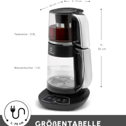 Karaca Çaysever 3 in 1 Sprechende Glas Teekocher Wasserkocher und Vorbereitung von Speisewasser, 1700W, Chrom Schwarz Chrom Hot