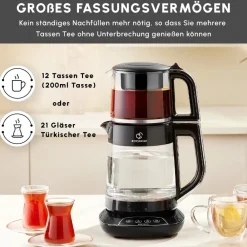 Karaca Çaysever 3 in 1 Sprechende Glas Teekocher Wasserkocher und Vorbereitung von Speisewasser, 1700W, Chrom Schwarz Chrom Hot