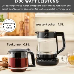Karaca Çaysever 3 in 1 Sprechende Glas Teekocher Wasserkocher und Vorbereitung von Speisewasser, 1700W, Chrom Schwarz Chrom Hot
