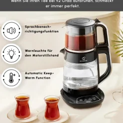 Karaca Çaysever 3 in 1 Sprechende Glas Teekocher Wasserkocher und Vorbereitung von Speisewasser, 1700W, Chrom Schwarz Chrom Hot