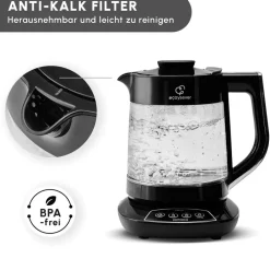 Karaca Çaysever 3 in 1 Sprechende Glas Teekocher Wasserkocher und Vorbereitung von Speisewasser, 1700W, Chrom Schwarz Chrom Hot