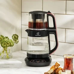 Karaca Çaysever 3 in 1 Sprechende Glas Teekocher Wasserkocher und Vorbereitung von Speisewasser 1700W, Rosegold Hot