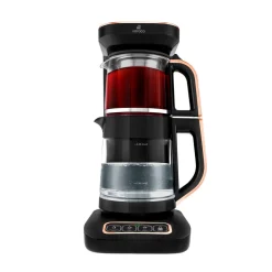 Karaca Çaysever Robotea Pro 4 in 1 Sprechende Automatische Glas-Teemaschine, Wasserkocher und Filterkaffeemaschine 2500W Schwarz Kupfer Discount