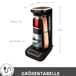 Karaca Çaysever Robotea Pro 4 in 1 Sprechende Automatische Glas-Teemaschine, Wasserkocher und Filterkaffeemaschine 2500W Schwarz Kupfer Discount