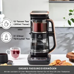 Karaca Çaysever Robotea Pro 4 in 1 Sprechende Automatische Glas-Teemaschine, Wasserkocher und Filterkaffeemaschine 2500W Schwarz Kupfer Discount