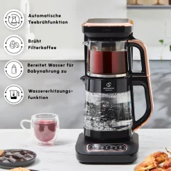 Karaca Çaysever Robotea Pro 4 in 1 Sprechende Automatische Glas-Teemaschine, Wasserkocher und Filterkaffeemaschine 2500W Schwarz Kupfer Discount