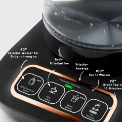 Karaca Çaysever Robotea Pro 4 in 1 Sprechende Automatische Glas-Teemaschine, Wasserkocher und Filterkaffeemaschine 2500W Schwarz Kupfer Discount