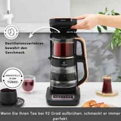 Karaca Çaysever Robotea Pro 4 in 1 Sprechende Automatische Glas-Teemaschine, Wasserkocher und Filterkaffeemaschine 2500W Schwarz Kupfer Discount