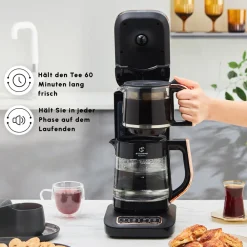 Karaca Çaysever Robotea Pro 4 in 1 Sprechende Automatische Glas-Teemaschine, Wasserkocher und Filterkaffeemaschine 2500W Schwarz Kupfer Discount