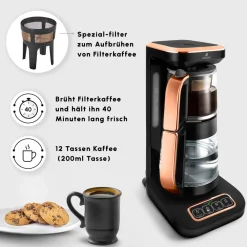 Karaca Çaysever Robotea Pro 4 in 1 Sprechende Automatische Glas-Teemaschine, Wasserkocher und Filterkaffeemaschine 2500W Schwarz Kupfer Discount