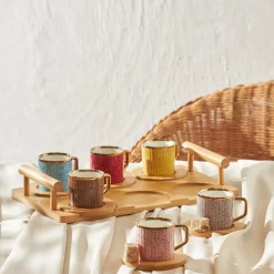 Karaca Bambus farbige Kaffeetasse Set, 6 Personen, 90 ml mit Tablett Multıfarben Outlet