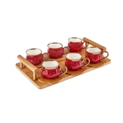 Karaca Bambus Rot Kaffeetassen-Set 90 ml, 6 Personen, mit Tablett Rot02 New
