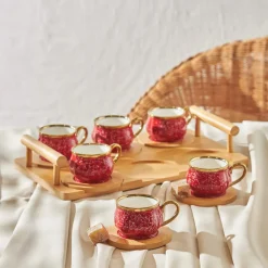 Karaca Bambus Rot Kaffeetassen-Set 90 ml, 6 Personen, mit Tablett Rot02 New