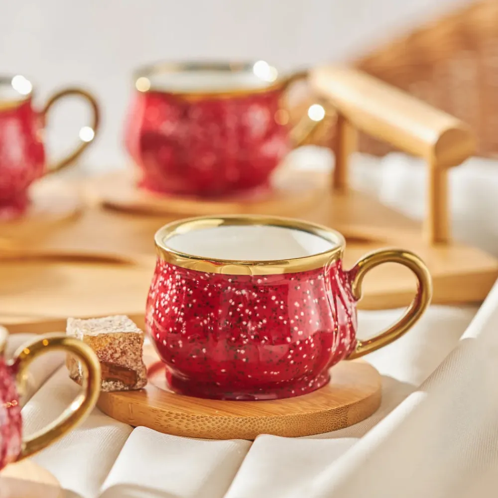 Karaca Bambus Rot Kaffeetassen-Set 90 ml, 6 Personen, mit Tablett Rot02 New