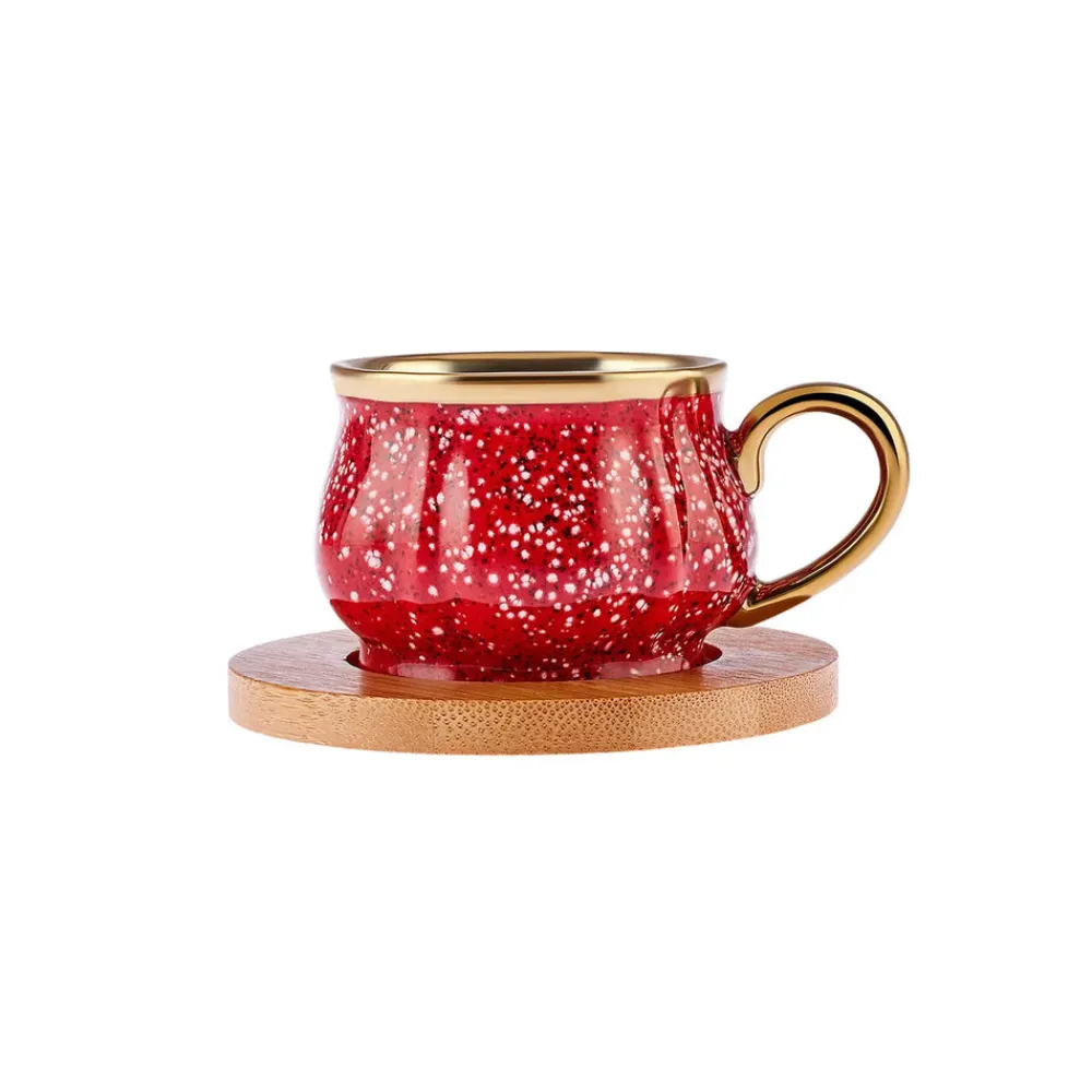Karaca Bambus Rot Kaffeetassen-Set 90 ml, 6 Personen, mit Tablett Rot02 New