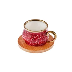 Karaca Bambus Rot Kaffeetassen-Set 90 ml, 6 Personen, mit Tablett Rot02 New
