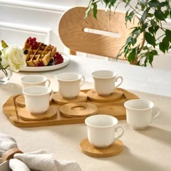 Karaca Bambus-Tablett 6-Personen-Kaffeetassen-Set, 90 ml Weıß01