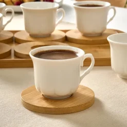 Karaca Bambus-Tablett 6-Personen-Kaffeetassen-Set, 90 ml Weıß01