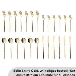Karaca Bella Shiny Gold Besteck Set für 6 Personen, 24 Teilig Glänzend Schwarz Online