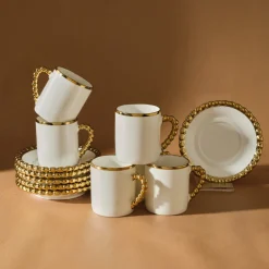 Karaca Boncuk 12-teiliges Bone China Espresso Türkisch-Kaffeetassen-Set für 6 Personen, 80 ml, Weiß Gold Weıß01 Hot
