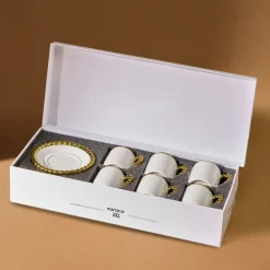 Karaca Boncuk 12-teiliges Bone China Espresso Türkisch-Kaffeetassen-Set für 6 Personen, 80 ml, Weiß Gold Weıß01 Hot