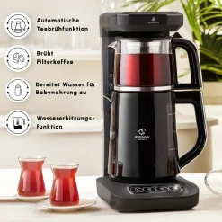 Karaca Caysever Robotea Pro 4 in 1 sprechender automatischer Teekocher Wasserkocher und Filterkaffeemaschine 2500W Chrome Schwarz Chrom New