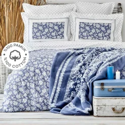 Karaca Celerina Bettwäsche-Set aus 100 % türkischer Baumwolle, Doppelbett, Blau Clearance