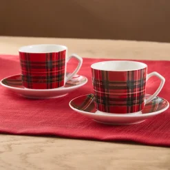 Karaca Ekose V2 4-teiliges Bone China Espresso Türkisch-Kaffeetassen-Set für 2 Personen, 80 ml, Rot Rot02 Clearance