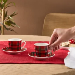 Karaca Ekose V2 4-teiliges Bone China Espresso Türkisch-Kaffeetassen-Set für 2 Personen, 80 ml, Rot Rot02 Clearance