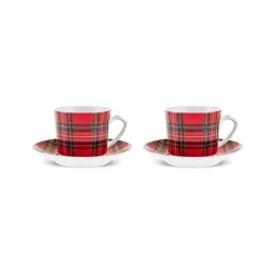 Karaca Ekose V2 4-teiliges Bone China Espresso Türkisch-Kaffeetassen-Set für 2 Personen, 80 ml, Rot Rot02 Clearance