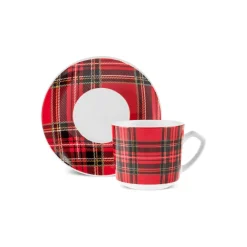Karaca Ekose V2 4-teiliges Bone China Espresso Türkisch-Kaffeetassen-Set für 2 Personen, 80 ml, Rot Rot02 Clearance