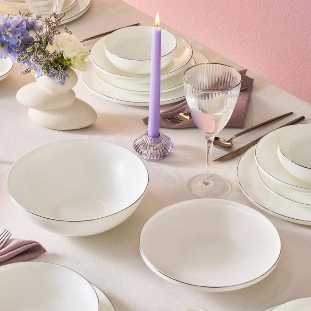 Karaca Fine Bone Meridian 55-teiliges Tafelservice für 12 Personen Platin Platın Hot