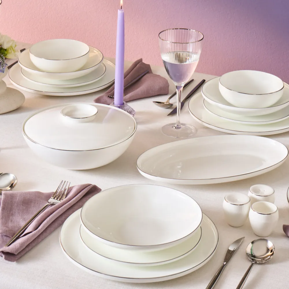 Karaca Fine Bone Meridian 55-teiliges Tafelservice für 12 Personen Platin Platın Hot