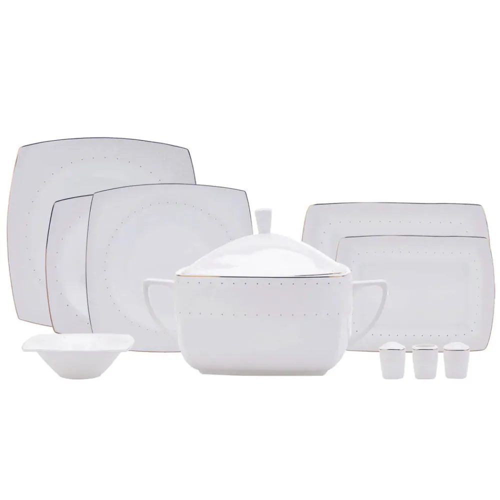 Karaca Fine Pearl Belha 62-teiliges quadratisches Perlmutt Dinner-Set für 12 Personen Weıß01