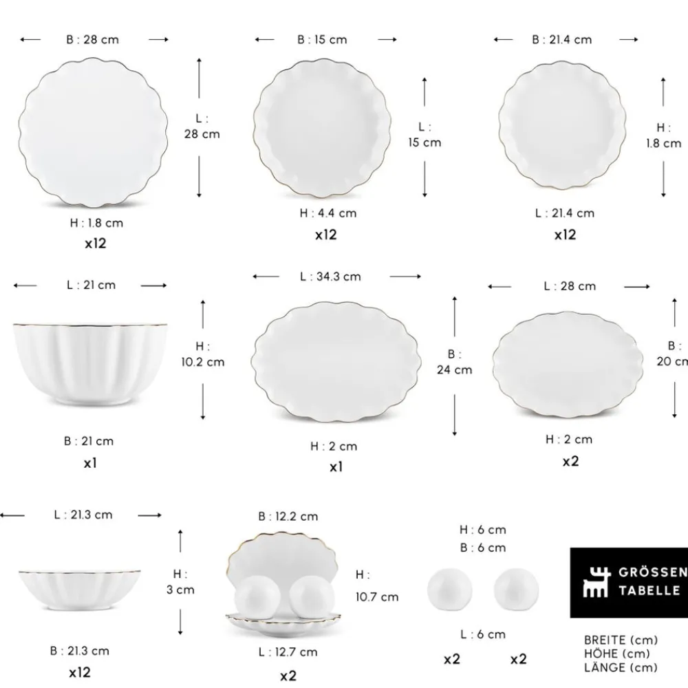 Karaca Fine Pearl Extra Shell 58 Stück 12 Sitzer Dinner Set Gold New