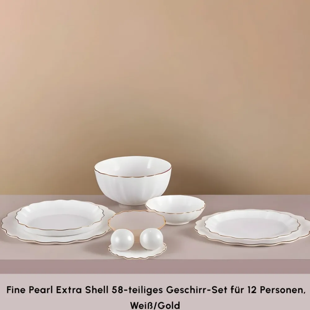 Karaca Fine Pearl Extra Shell 58 Stück 12 Sitzer Dinner Set Gold New