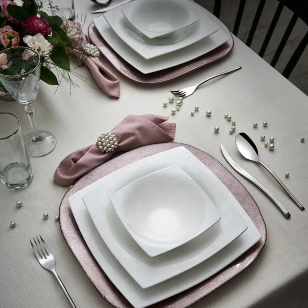 Karaca Fine Pearl Valentina 62 Pieces Pearl Dinnerware Square, Service for 12 Whıte01 Sale