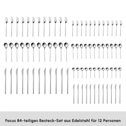 Karaca Focus 84-teiliges Besteckset für 12 Personen Mit Box Platın New