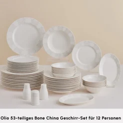 Karaca Forever Bone China New Olio 53-teiliges Tafelservice für 12 Personen, Weiß Beyaz New