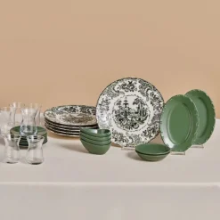 Karaca Forever Bone Vittoria, Frühstücksset 26-teilig für 6 Personen Grün01 New