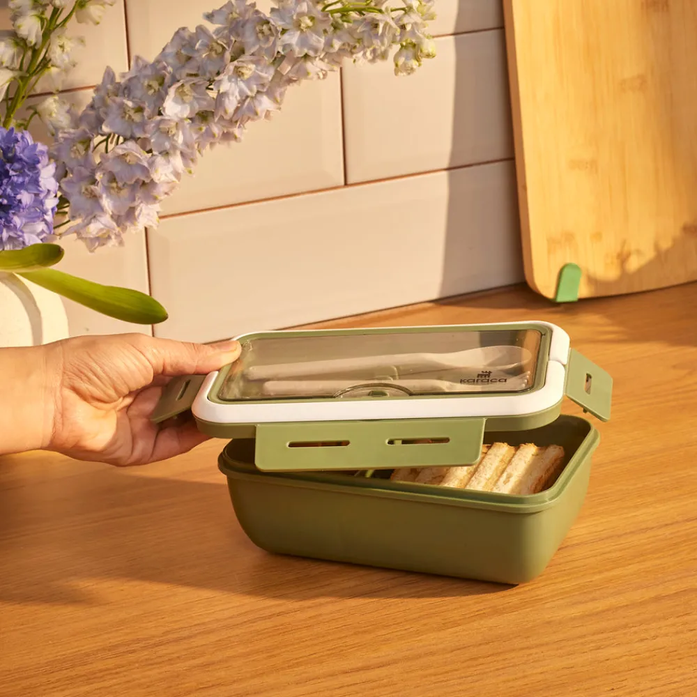 Karaca Fusca Lunchbox mit Gabel und Löffel Grün Discount