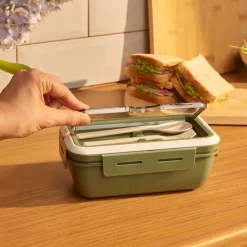 Karaca Fusca Lunchbox mit Gabel und Löffel Grün Discount