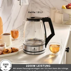 Karaca Glacia Glas Wasserkocher, 2200W, 1,8L, Transparent Hot