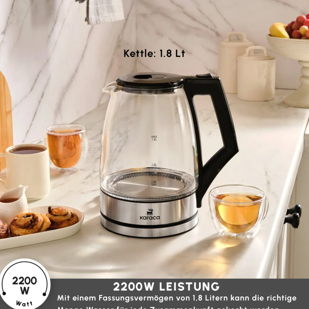 Karaca Glacia Glas Wasserkocher, 2200W, 1,8L, Transparent Hot