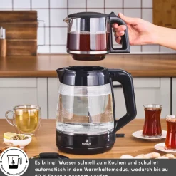 Karaca Glass Tea XL 2 in 1 Glas-Teemaschine Shiny Black Glänzend Schwarz New