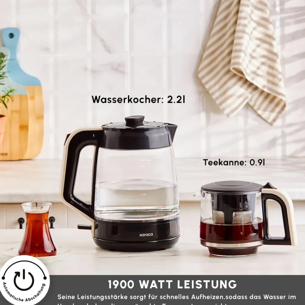 Karaca Glass Tea XL 2in1 Glas-Teezubereiter und Wasserkocher Creme Cream Best