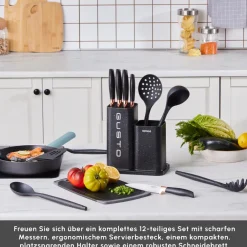 Karaca Gusto Schwarzes 12-teiliges Messer-/Schneidebrett-Set Schwarz01 Best