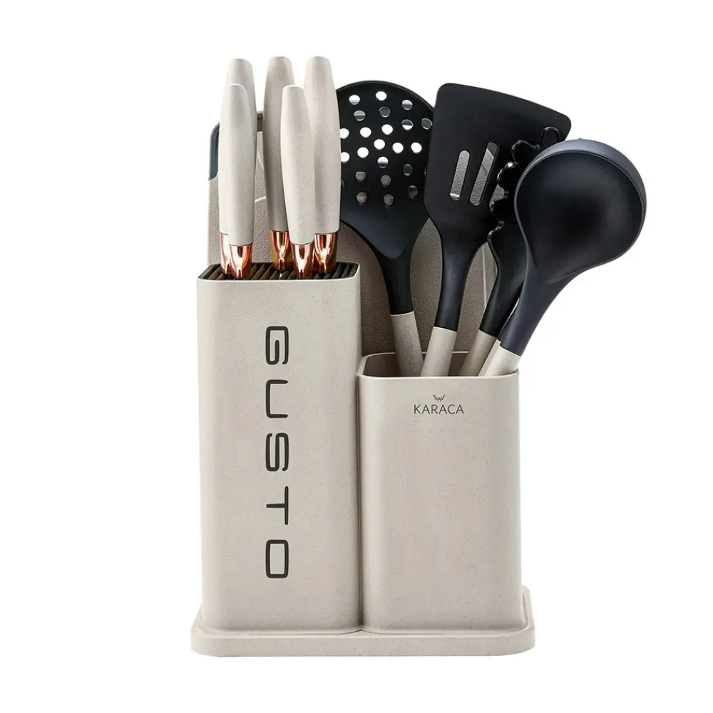 Karaca Gusto 12-teiliges Messer-/Schneidebrett-Set in Creme Creme01 Hot